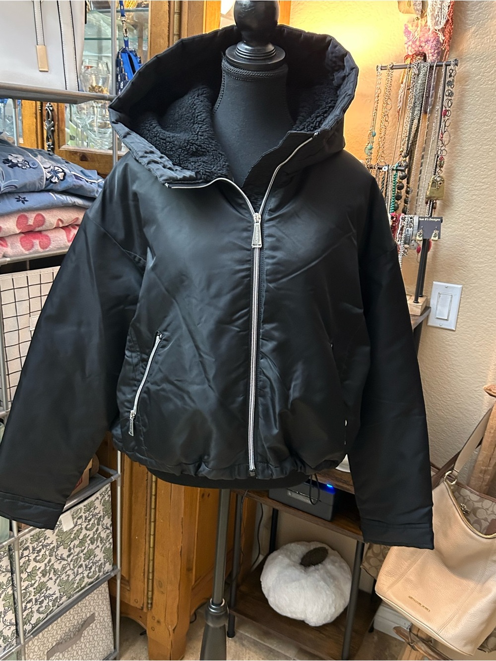 Laundry By Shelli Segal Black Hooded Puffer Jacket with Sherpa Lining